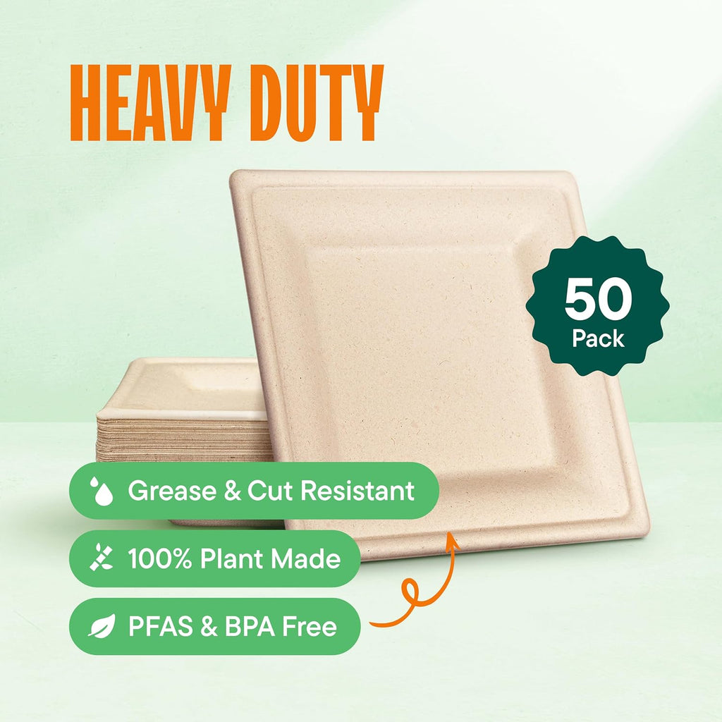 100% Compostable Square Paper Plates - 10 Inch [50-Pack] Heavy Duty