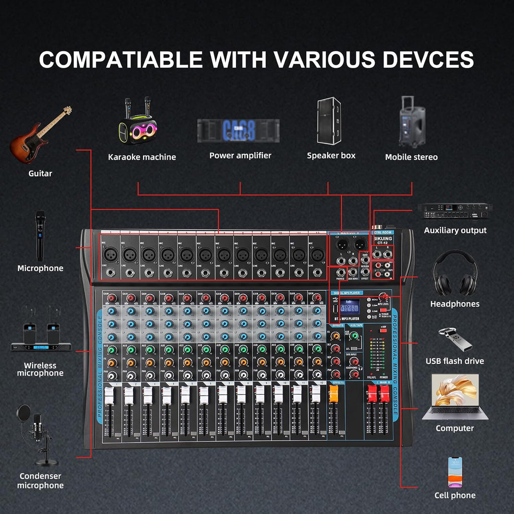 12 Channel Audio Interfacer Sound Board Mixer DJ Mixer 16-Bit DSP Effect USB Audio Mixer +48V Phantom Power Bluetooth