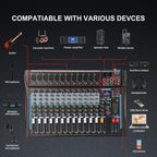 12 Channel Audio Interfacer Sound Board Mixer DJ Mixer 16-Bit DSP Effect USB Audio Mixer +48V Phantom Power Bluetooth
