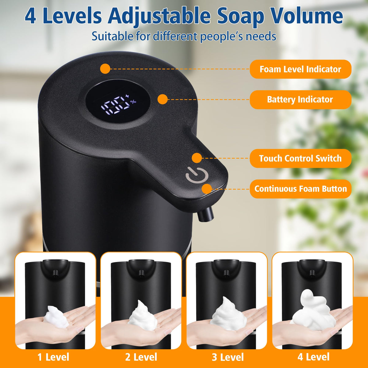 Automatic Foam Soap Dispenser Touchless Rechargeable, 350ml Black