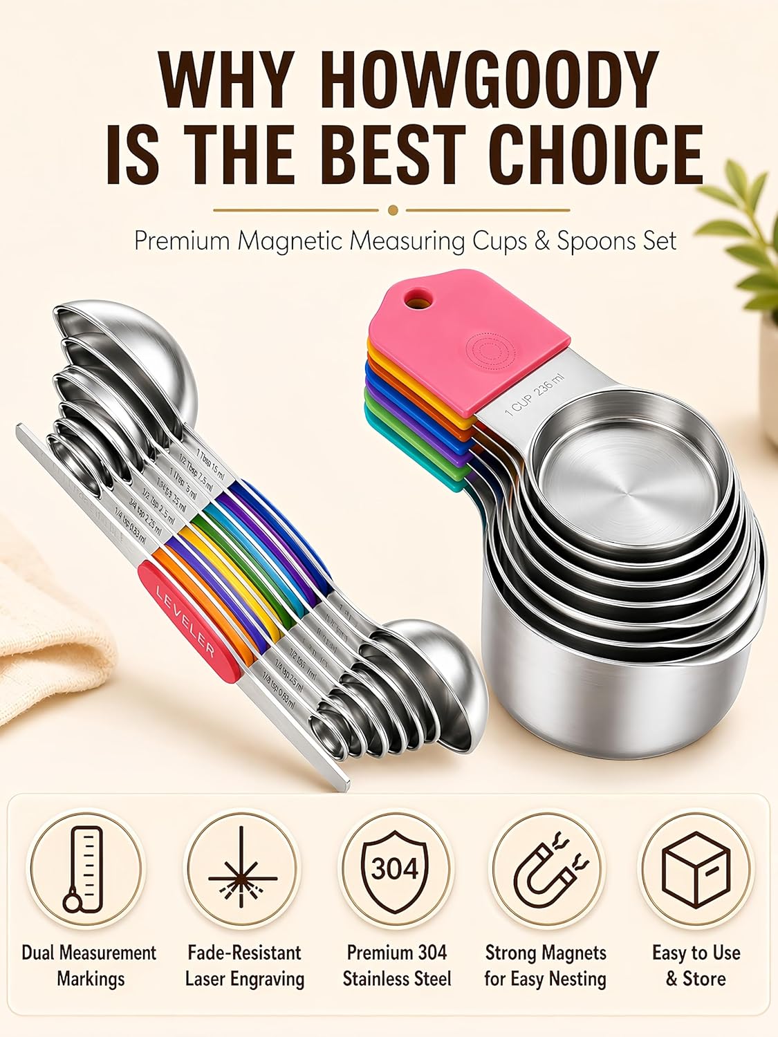 Magnetic Measuring Cups and Spoons Set304 Stainless Steel Dual Scale Set of 15, Strong N52 Magnetic Nesting Design