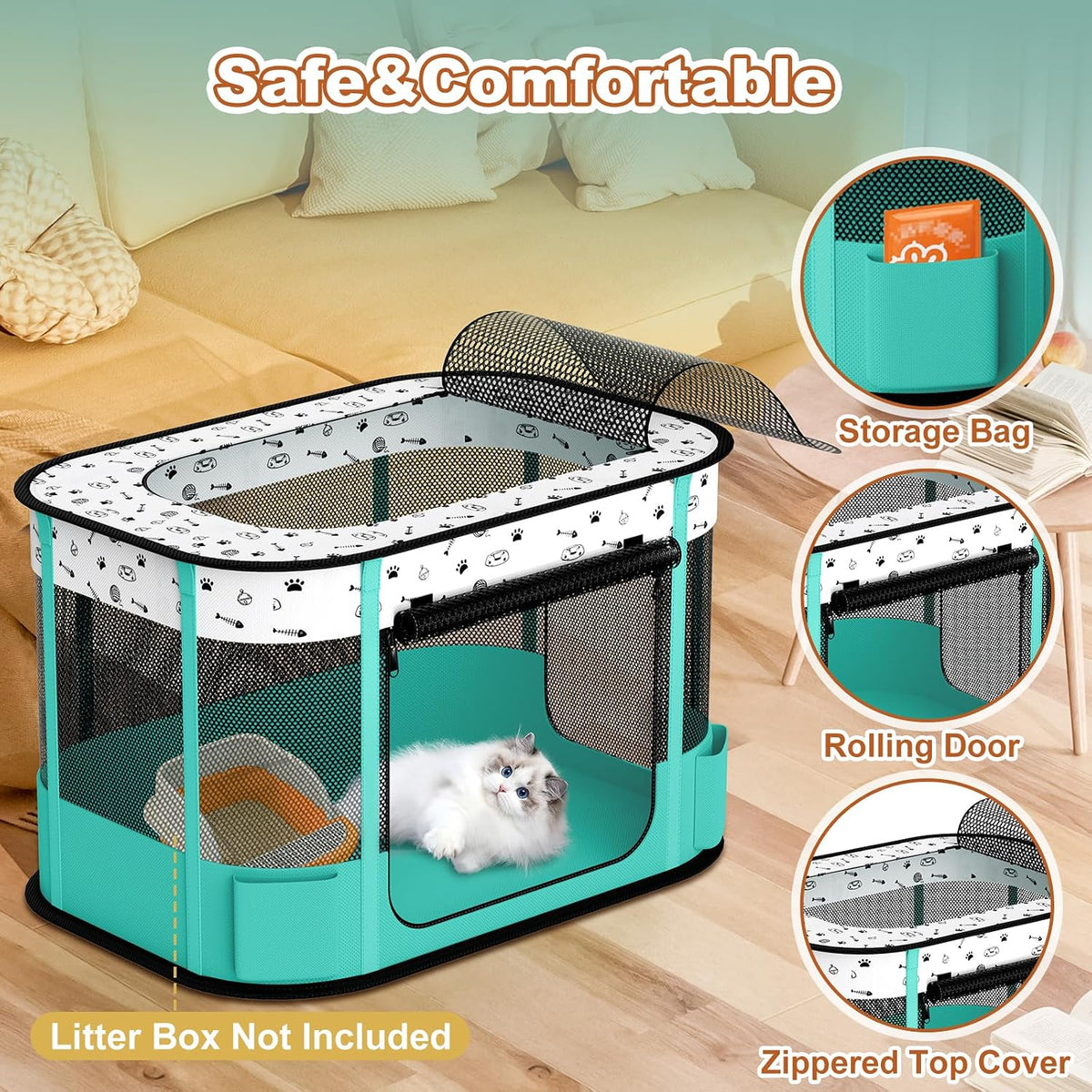 Portable Cat Playpen, 8-Rod Reinforced Kitten Dog Playpens, Foldable Play Pen for Indoor Cats Enclosed Pet Puppy