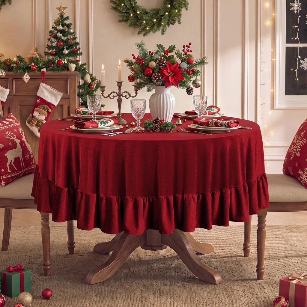 Ruffled Round Tablecloth, 70 Inch Christmas Red