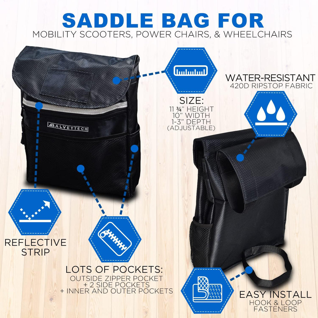 Water-Resistant Saddle Bag (Large, Black) - For Mobility Scooters, Wheelchairs, & Power Chairs - Lightweight & Easy