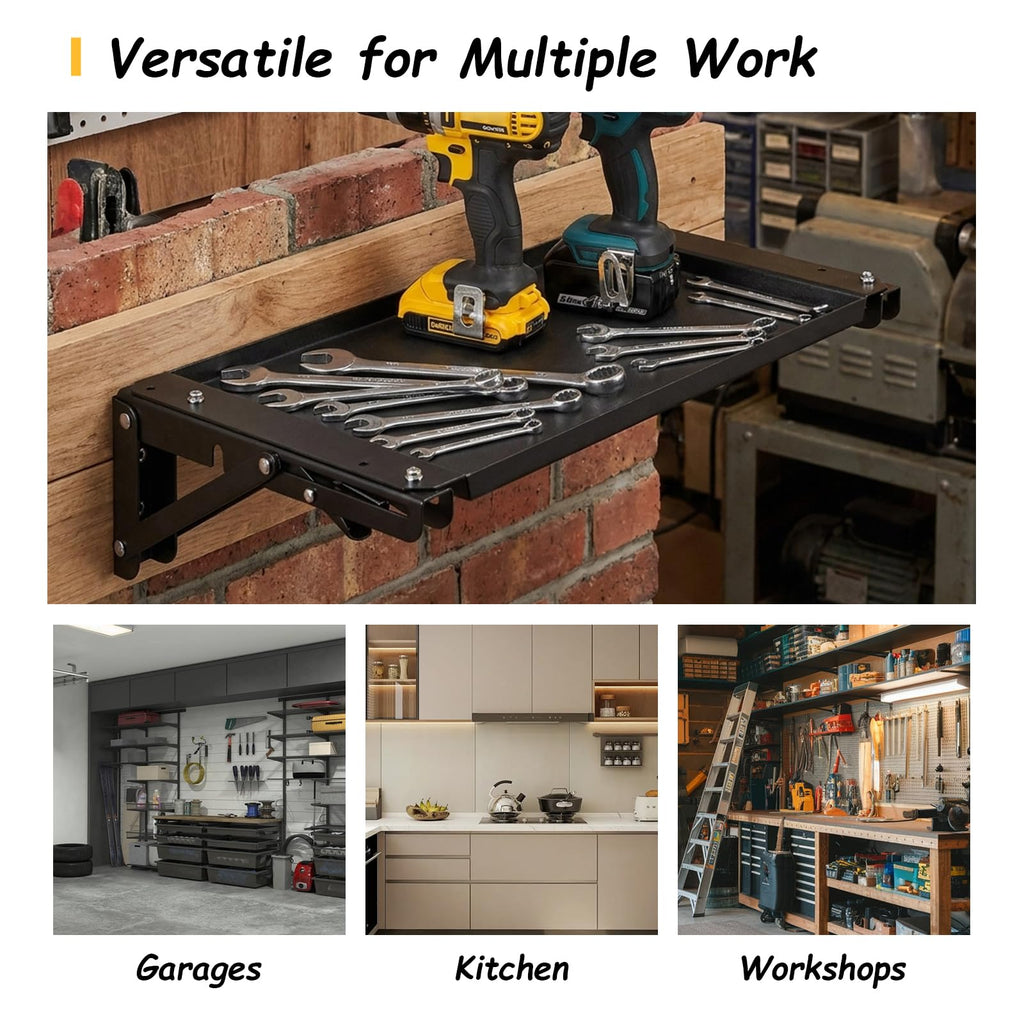 Wall-Mounted Folding Metal Workbench with Magnetic Tool Tray
