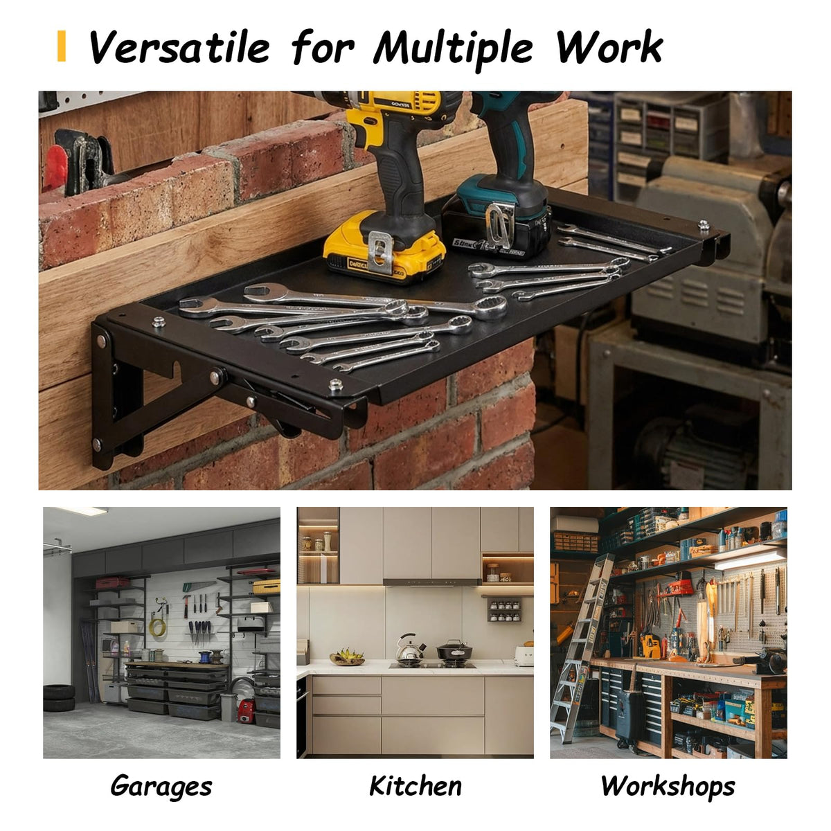 Wall-Mounted Folding Metal Workbench with Magnetic Tool Tray
