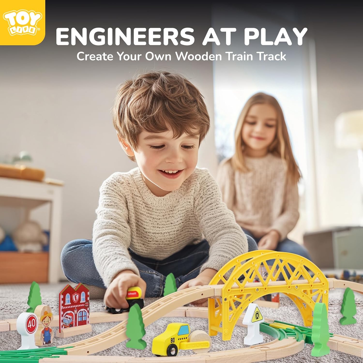 Wooden Train Set with Crane, 60-Pc Track, Boys 3-8 | Magnetic Snap-Together, Fits Thomas Brio Chuggington, Fine-Motor
