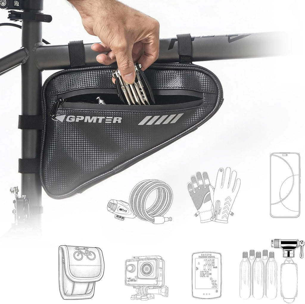 Triangle Bike Frame Bag with 2 Mesh Pockets, Water Resistant Bicycle Travel Storage Bag with 4 Bungee Cords and Bike