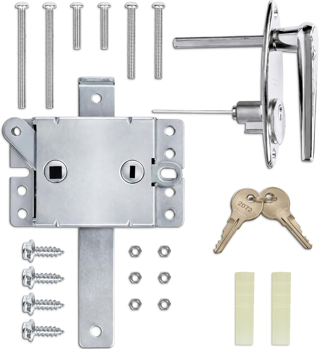 Garage Door Lock Kit, Keyed L-Handle with Inside Slide Lock Latch Mechanism, Complete Replacement Set with 2 Keys