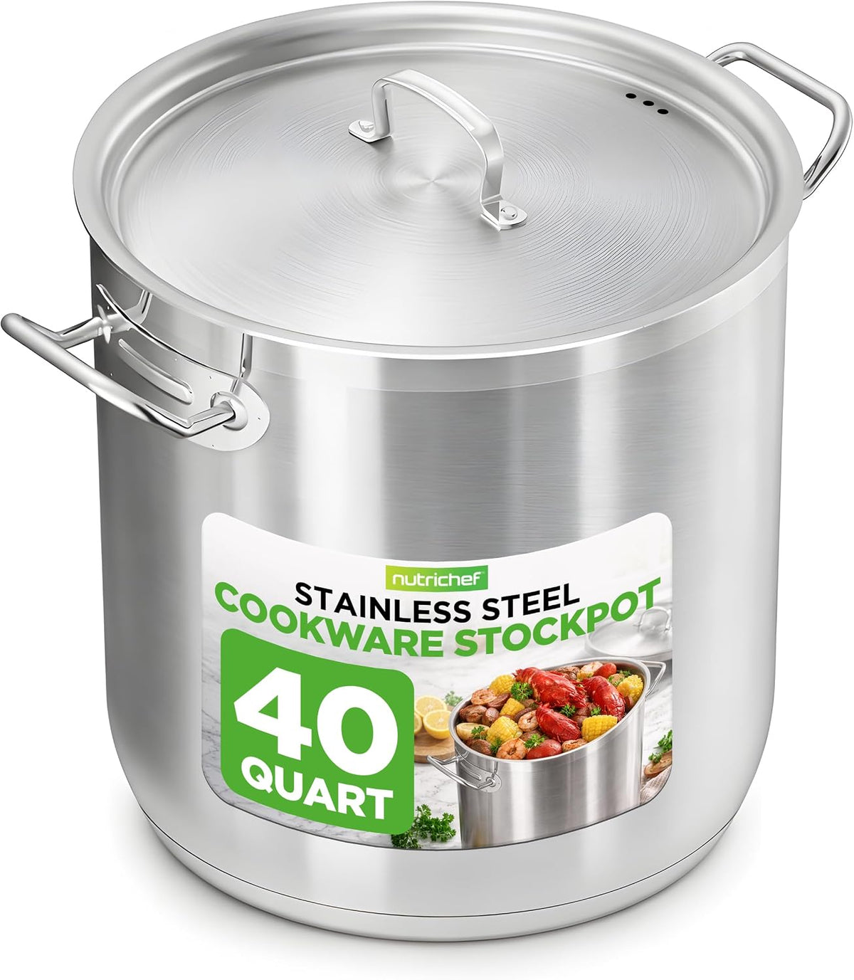Stainless Steel Stock Pot with Lid 40 Qt | Non-Reactive 8/8 Interior Induction Pot with Even Heat Base | Compatible