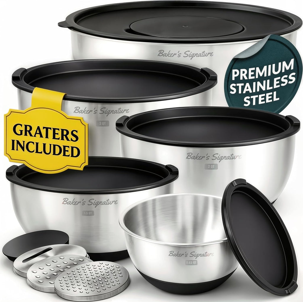 Stainless Steel Mixing Bowls with Lids Set, 5 Sizes, 3 Graters, Non-Slip Base, Airtight Lids, Metal Mixing Bowls for