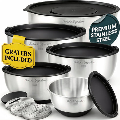 Stainless Steel Mixing Bowls with Lids Set, 5 Sizes, 3 Graters, Non-Slip Base, Airtight Lids, Metal Mixing Bowls for
