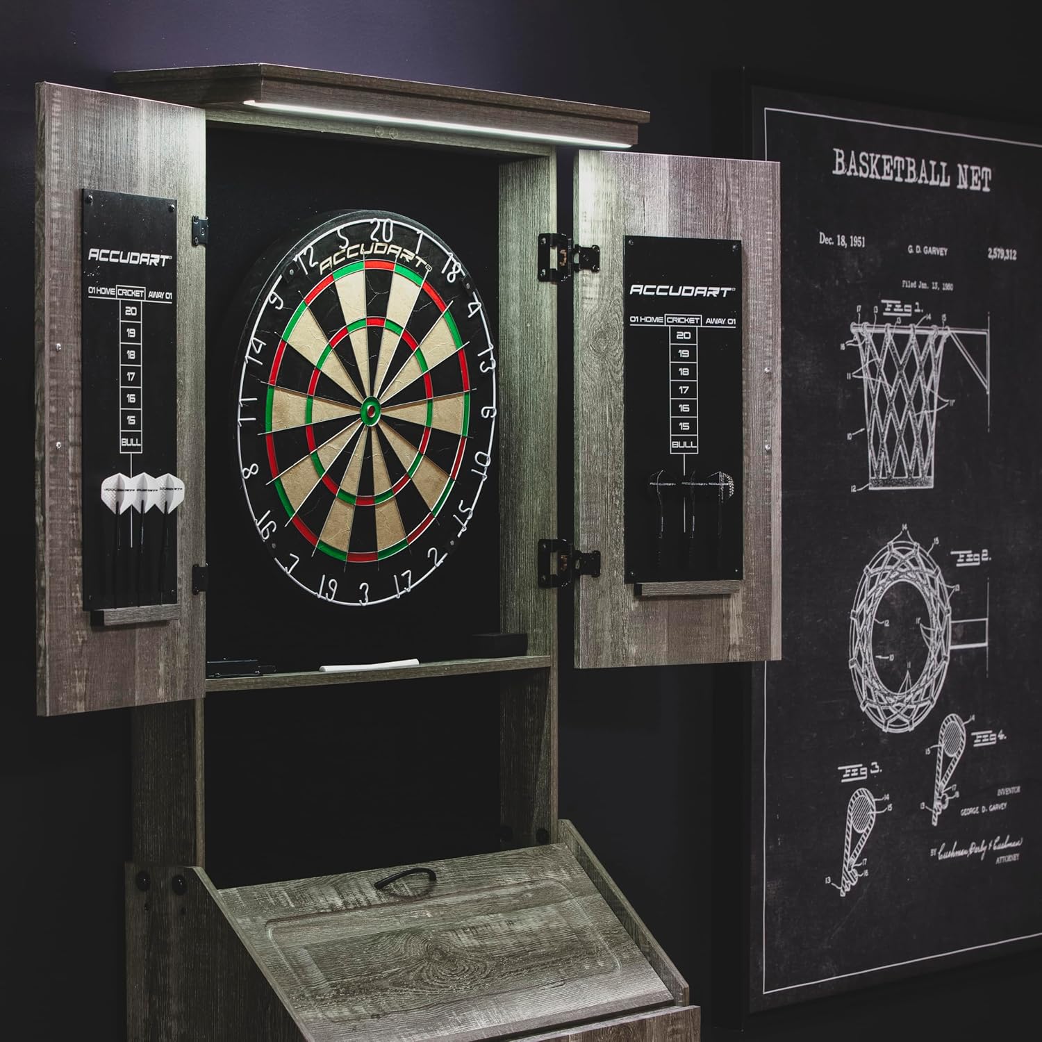 Dartboard Cabinet Set with LED Lighting – Premium Brazilian Sisal Board, Staple‑Free Razor Wire, Weathered Grey