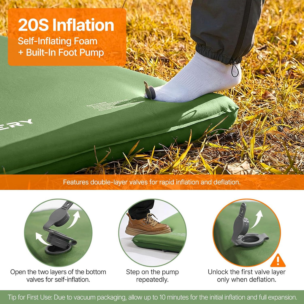 Self-Inflating Sleeping Pad, 3" Memory Foam Camping Mattress | Built-in Foot Pump, Insulated Foam, Memory Foam, Car