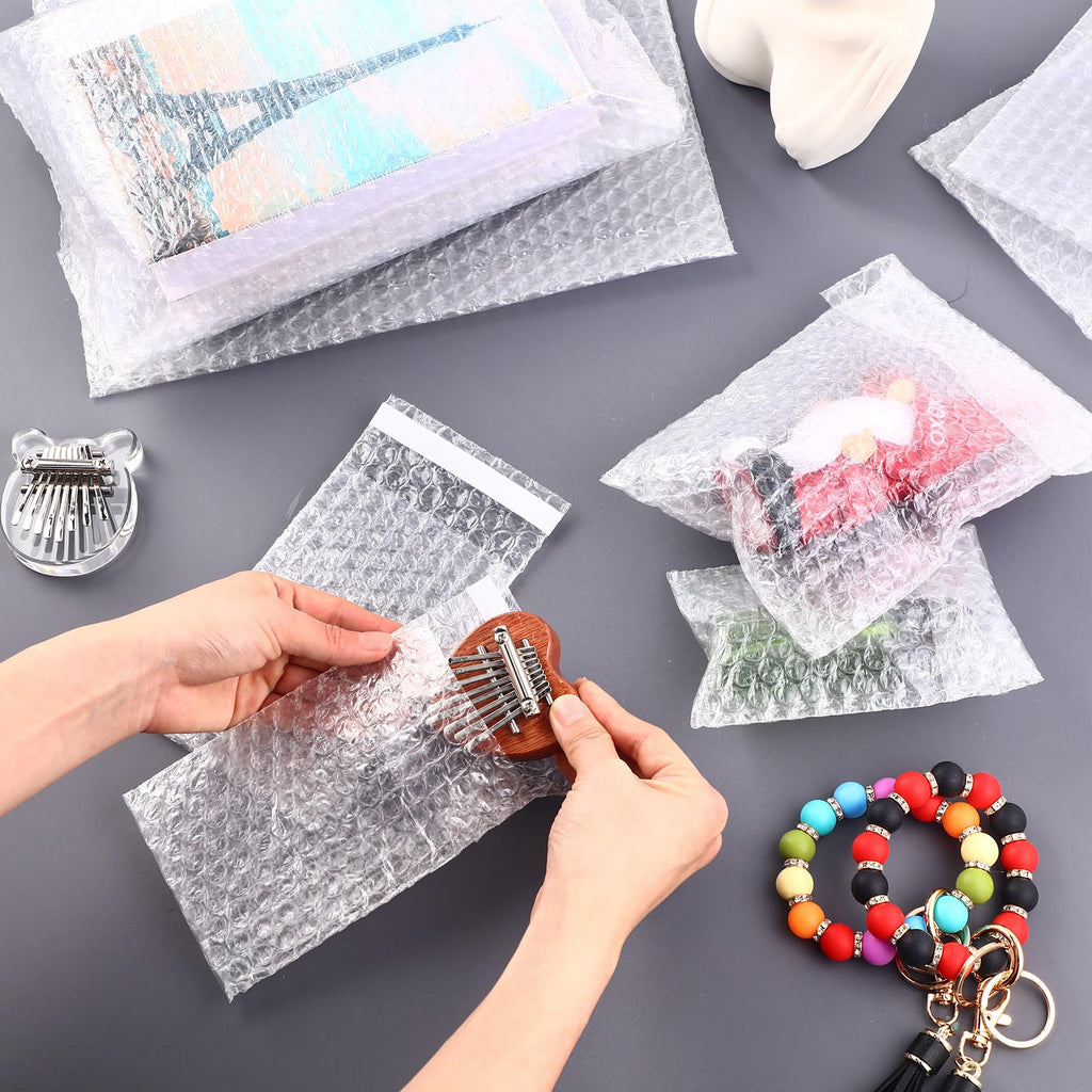 100 Pcs 5 Sizes Clear Bubble Bags Self Adhesive Bubble Cushioned Pouches Double Walled Shockproof Clear Cushioning