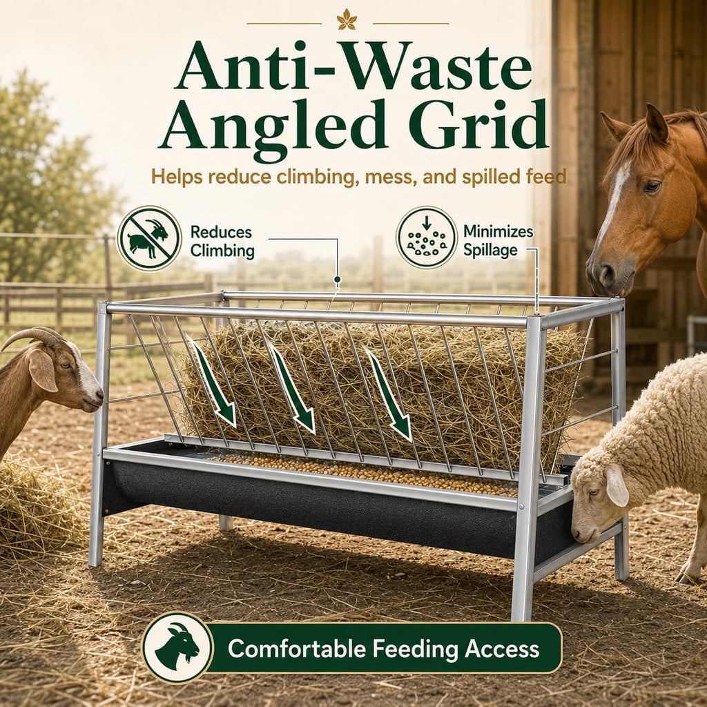 98 Gallon Hay Feeder, Anti-Waste Goat Feeder with Rubber Trough for Farms | Stainless steel feeder uses a hay rack