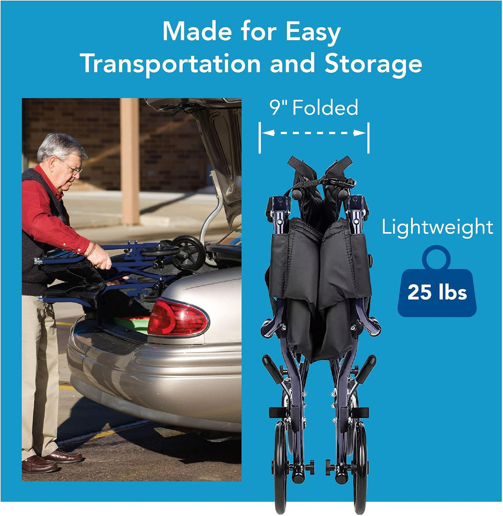 Transport Wheelchair With 19 inch Seat, Folding Transport Chair with Foot Rests, Foldable Lightweight Wheelchair