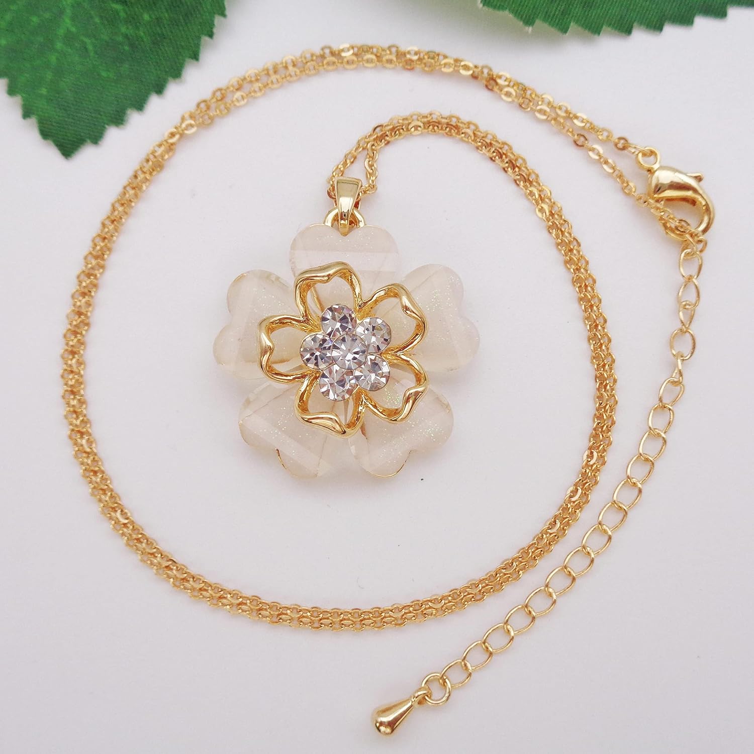 18k Gold Plated White Crystal Multicolor Acetate Blooming Flowers Pendant Necklace 16"+2"
