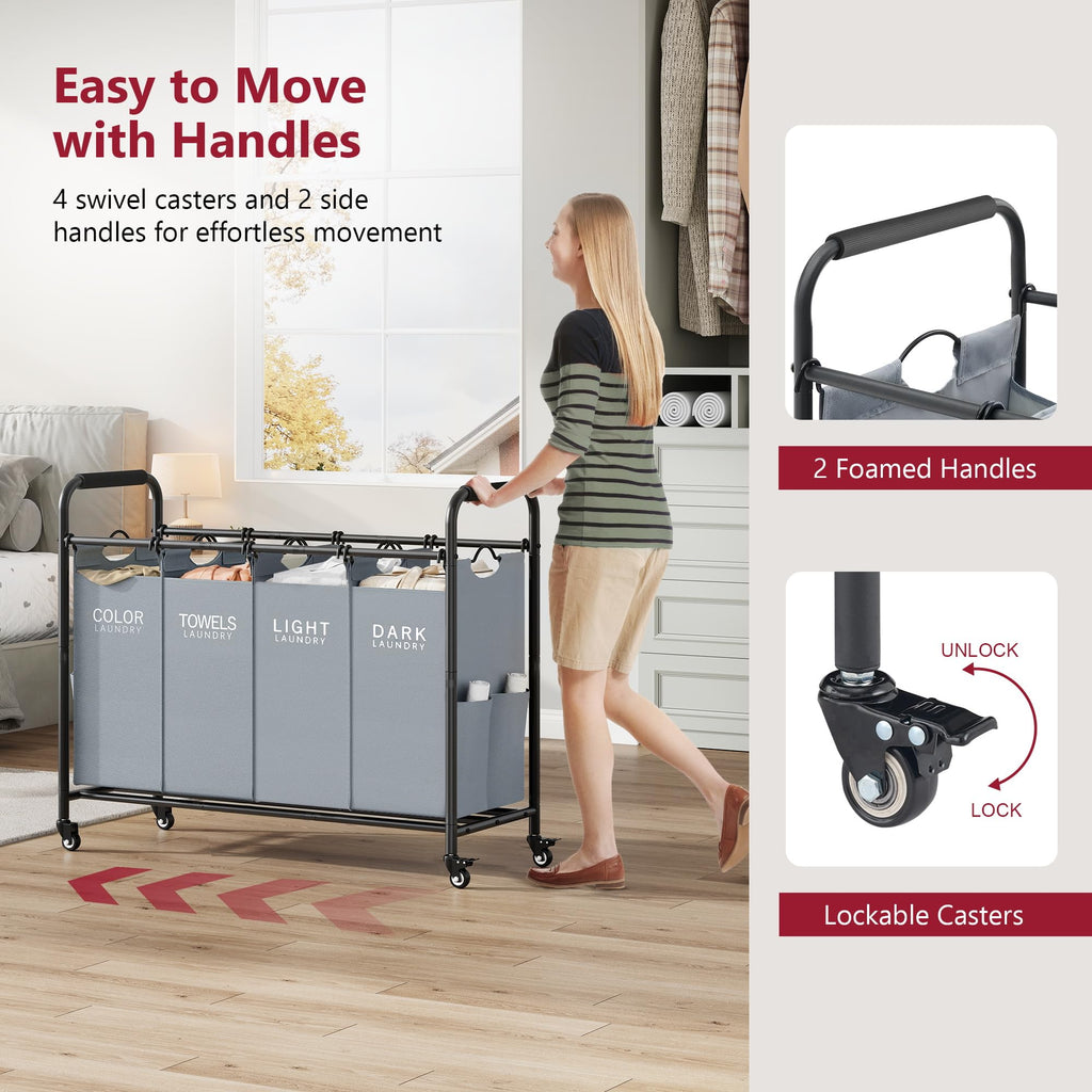 4 Bag Laundry Sorter Cart, Laundry Sorter 4 Sections, Grey