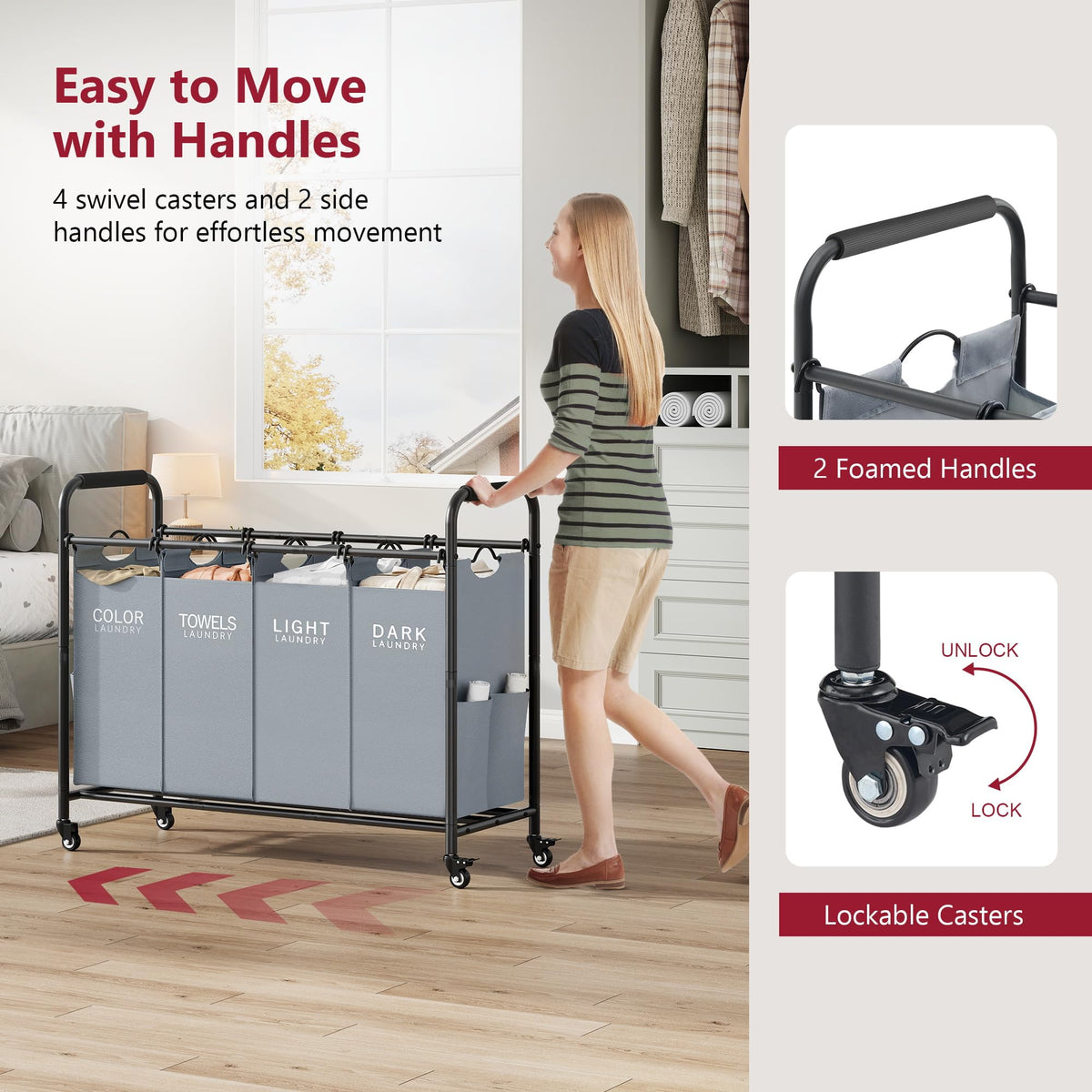 4 Bag Laundry Sorter Cart, Laundry Sorter 4 Sections, Grey