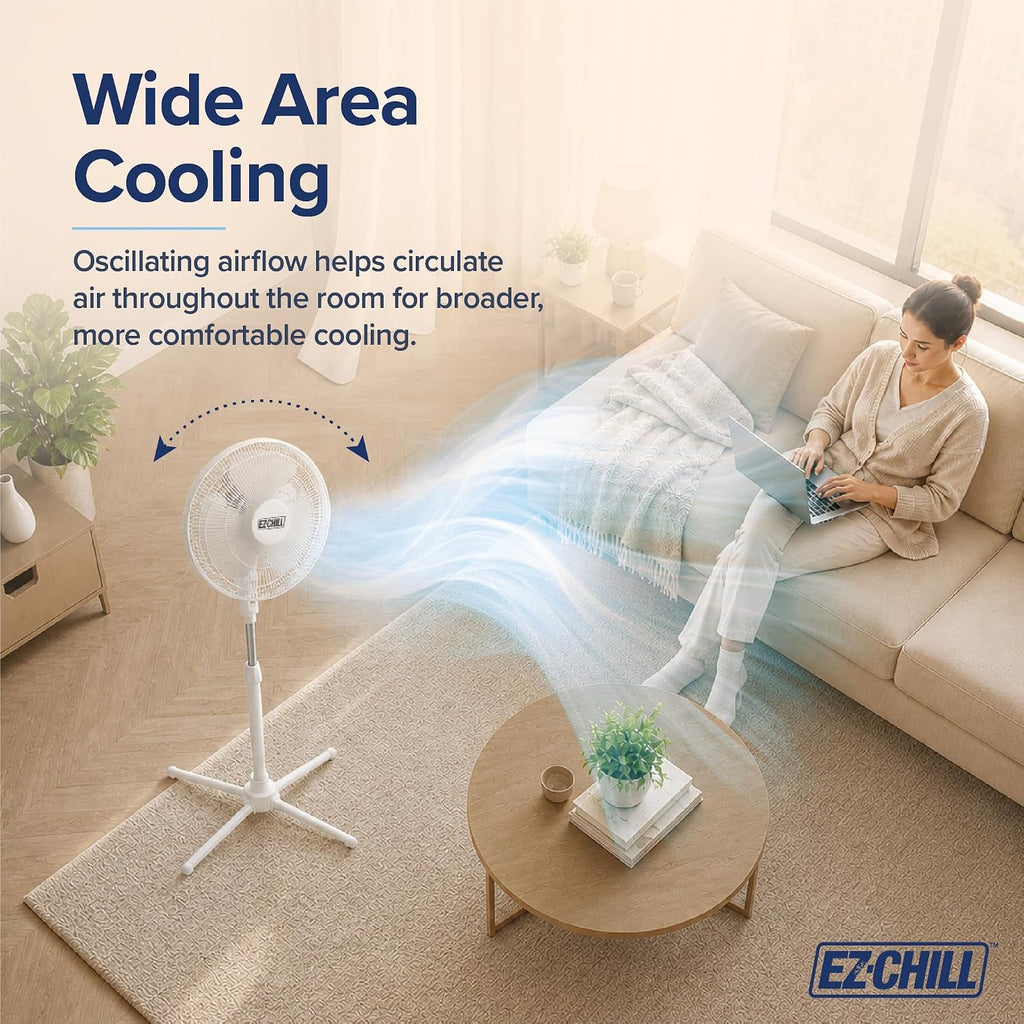 16” Oscillating Pedestal Fan, 3-speed Options, 90-Degree Oscillating Head, Adjustable Height and Tilt, Powerful Air