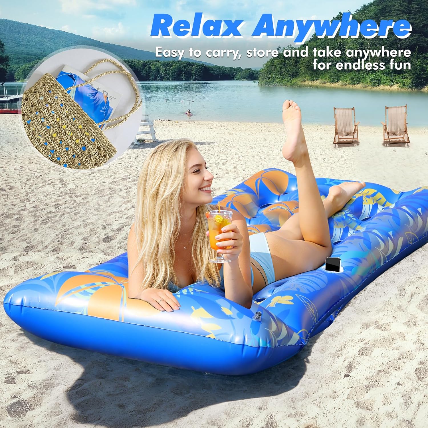 Pool Floats Lounger, 2 PCS 72''x35'' Ultra-Comfort Pool Rafts for Adults with Cooling Headrest and Cup Holders, Pool