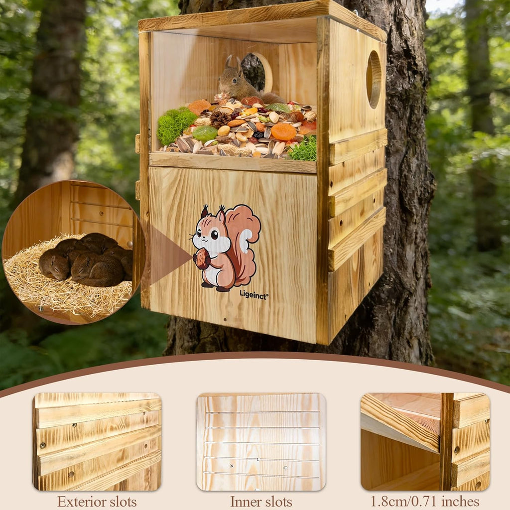 Large Outdoor 2-in-1 Squirrel House and Feeder with Secure Den Box and Nesting Box, Durable Squirrel Box for