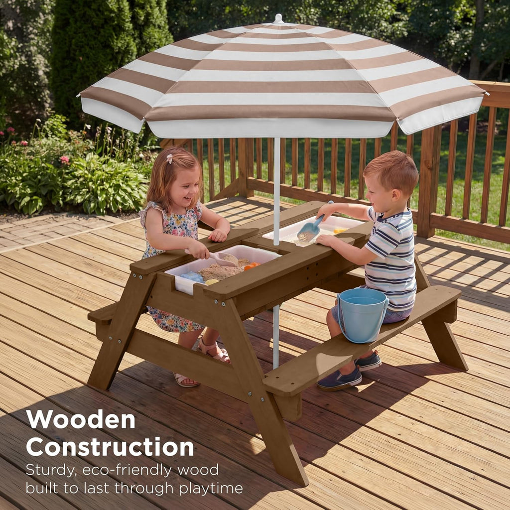 Kids Picnic Table with Umbrella, 3-in-1 Sand & Water Table, Outdoor Convertible Picnic Table for Toddlers, Seats 4