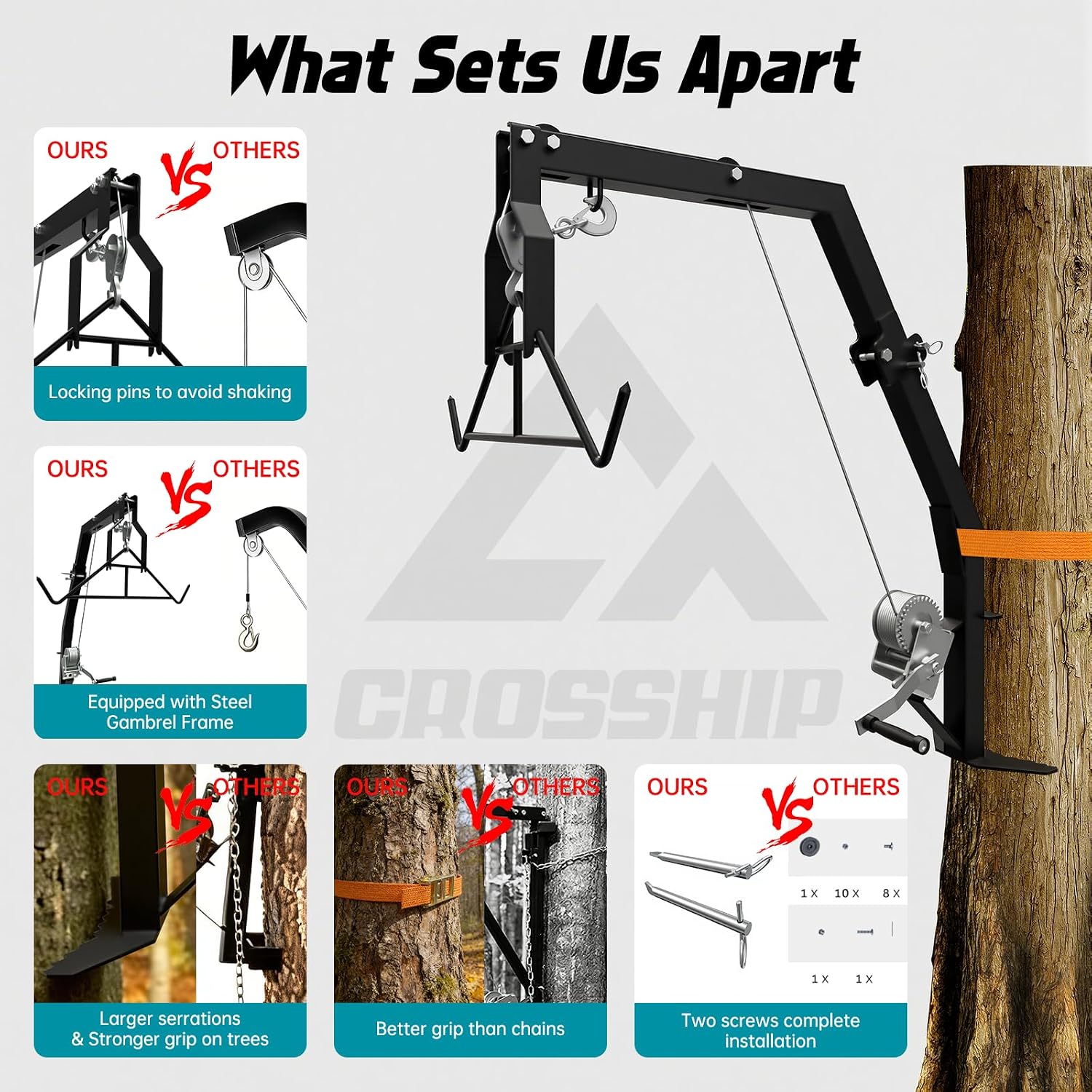 Tree Mounted Deer Hoist with Gambrel - 500lbs Game Hoist with Winch, Ratchet Strap, 23ft Cable, Portable Detachable