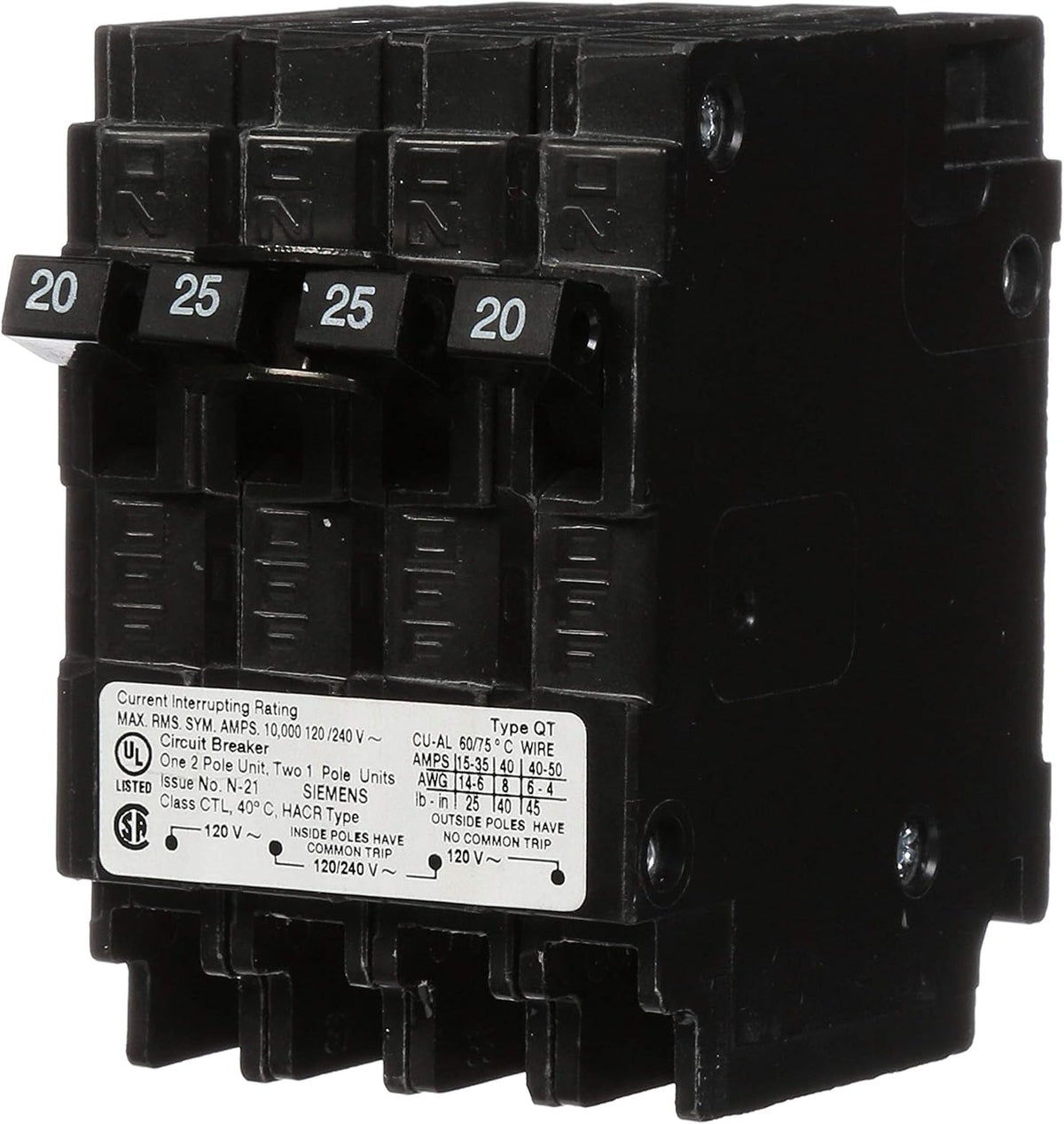 Siemens Q22025CT 25-Amp Double Pole Two 20-Amp Single Pole Circuit Breaker