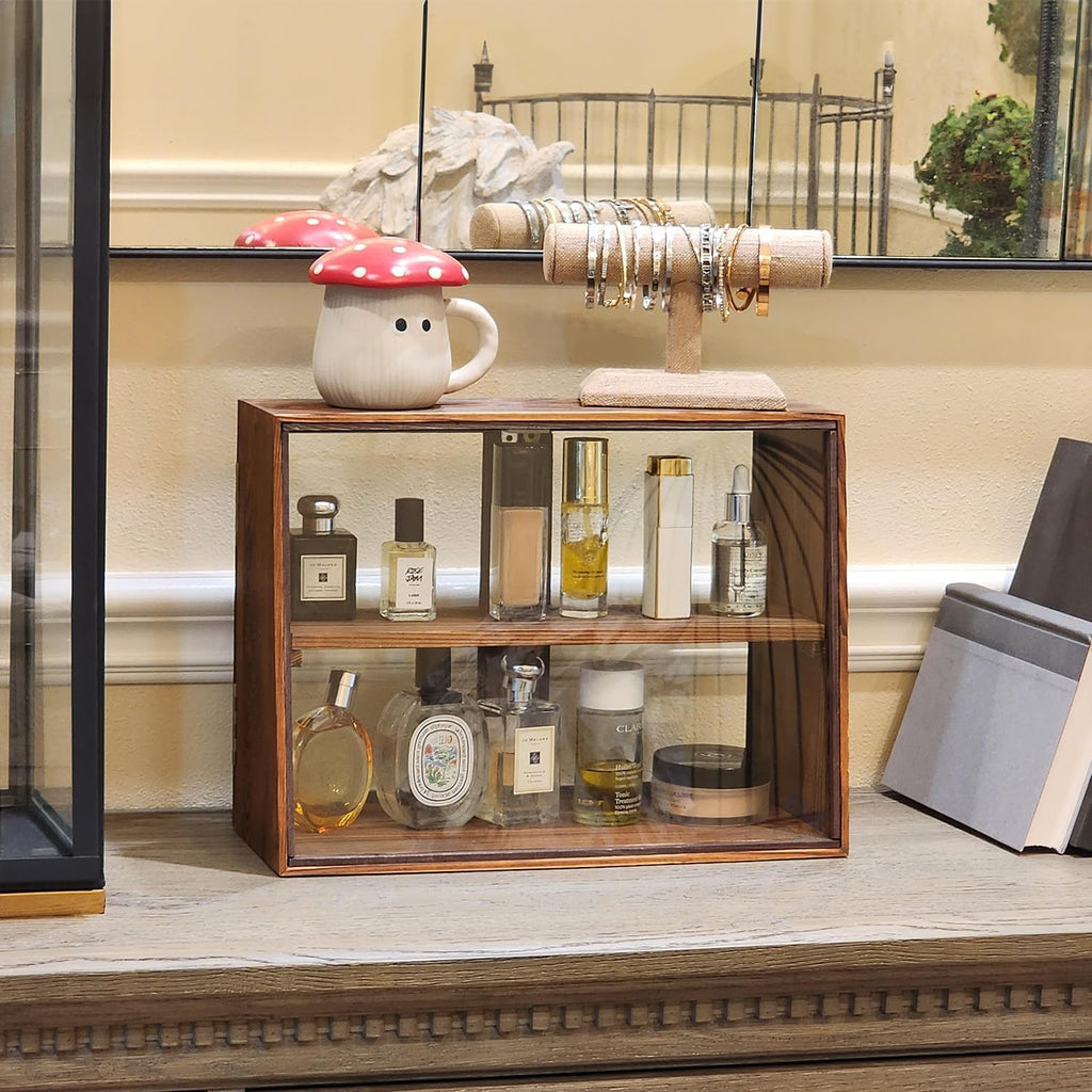 Wood Glass Display Case with Double Doors, 2-Level Shelf, Brown | Brown wood-and-glass case with double doors and