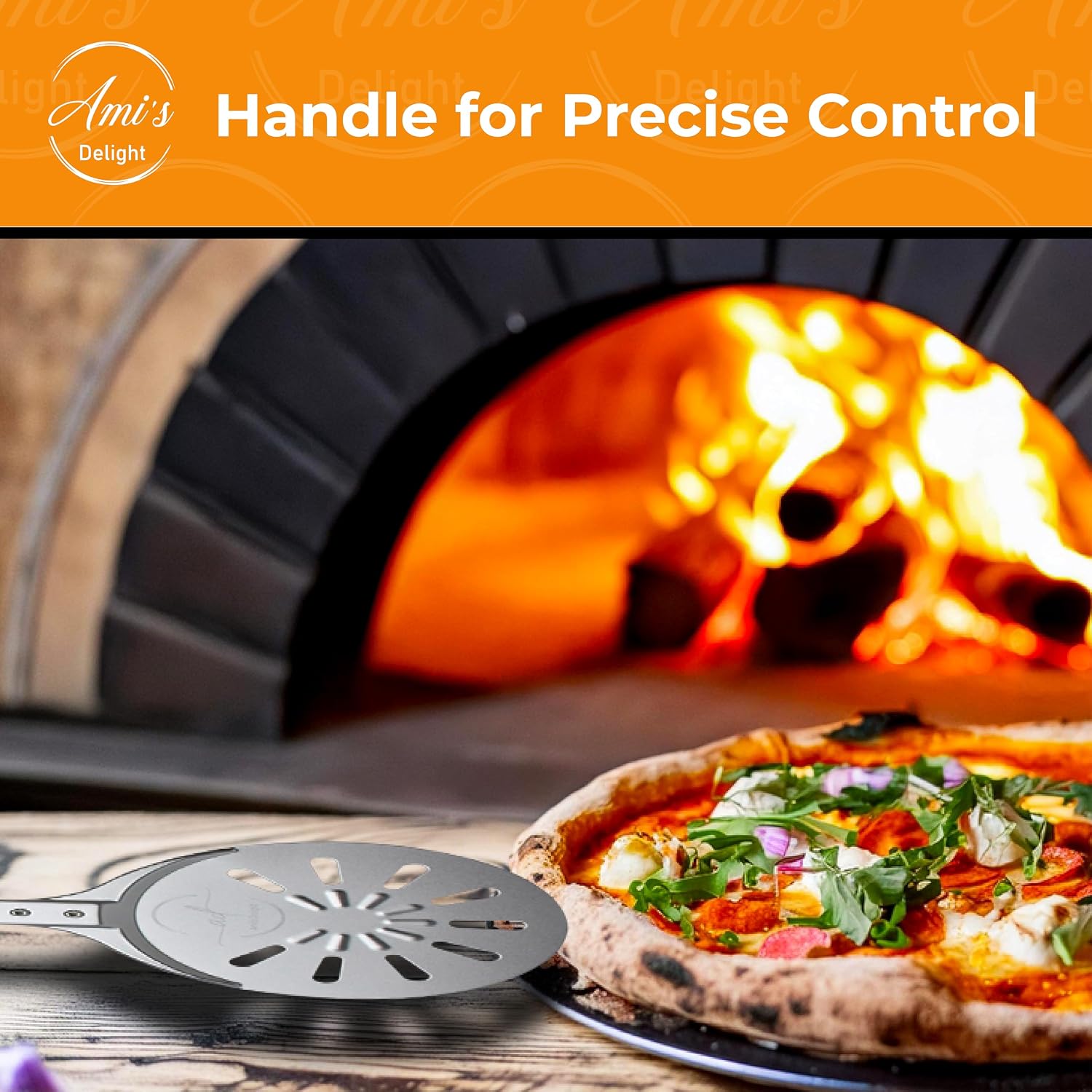 Ami’s Delight 8-Inch Perforated Pizza Turning Peel with Free Pizza Cutter | Lightweight Aluminum Pizza Peel Spinner