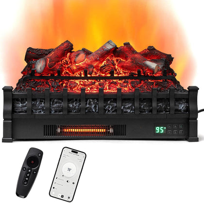26” Fireplace Logs Heater - Realistic Pinewood, APP, Remote, Alexa, WiFi, Adjustable Flame Color & Brightness, 8H