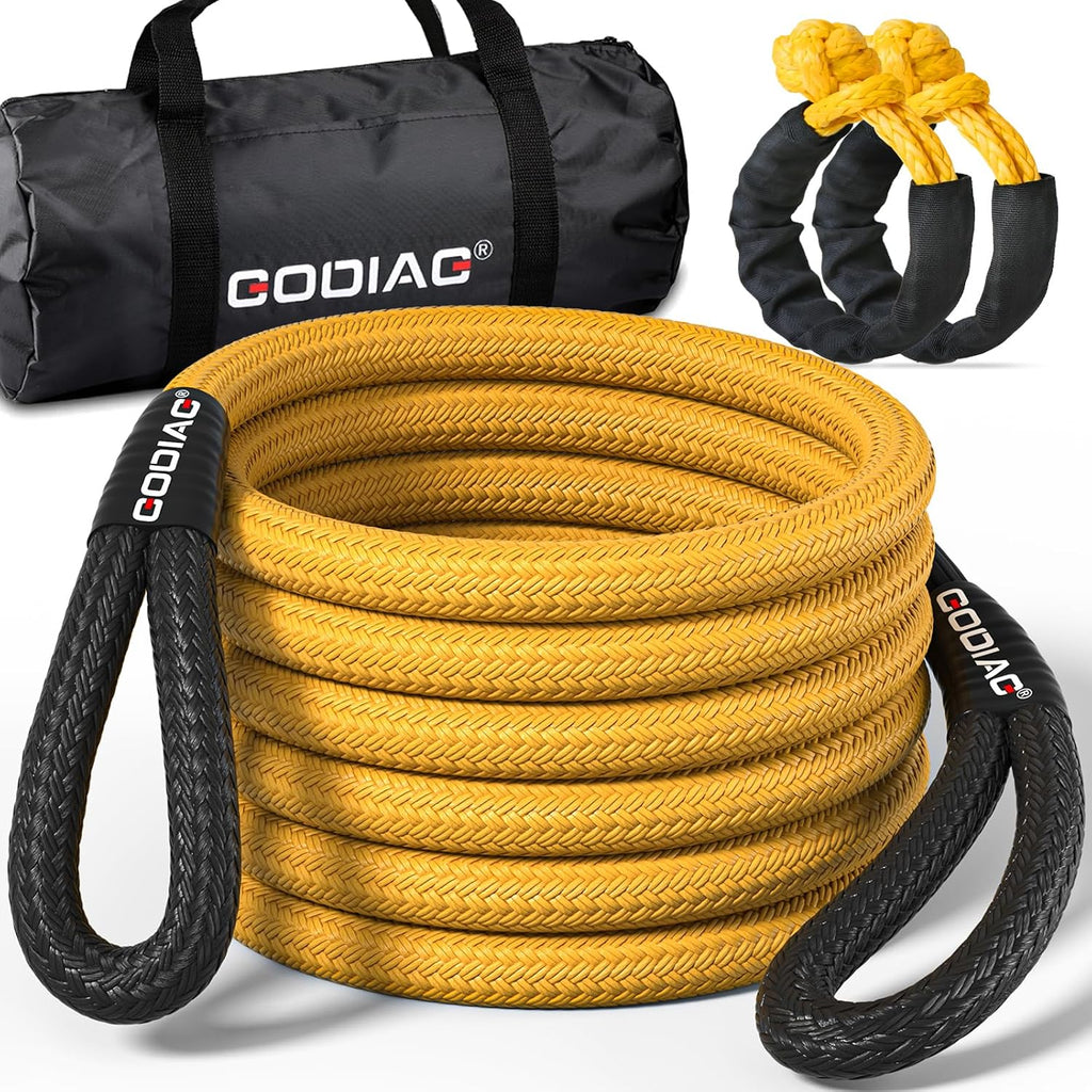 1" x20ft Kinetic Recovery Rope 33K lbs with 2 Soft Shackles Yellow