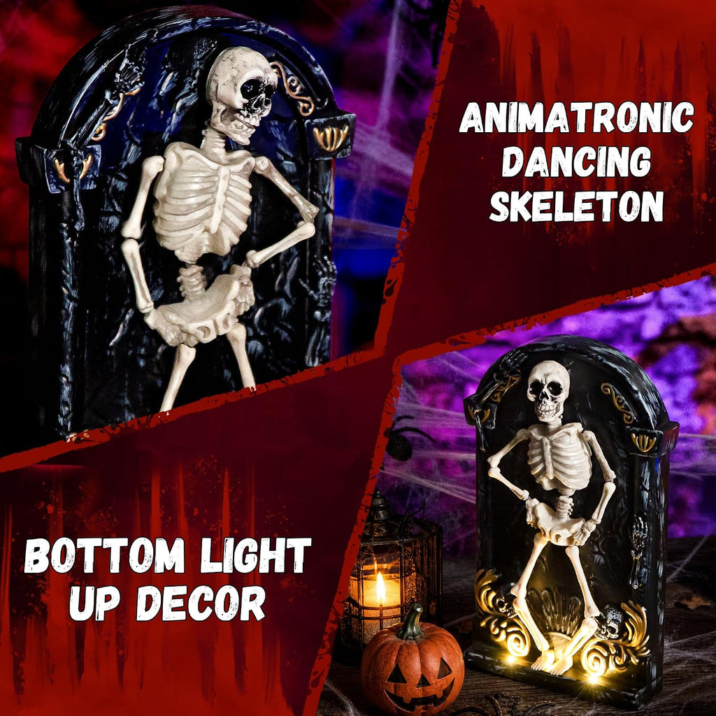 Halloween Decorations Animatronic Dancing Skeleton Built-in Tombstone with Music, Posable Arms & Legs Haunted House