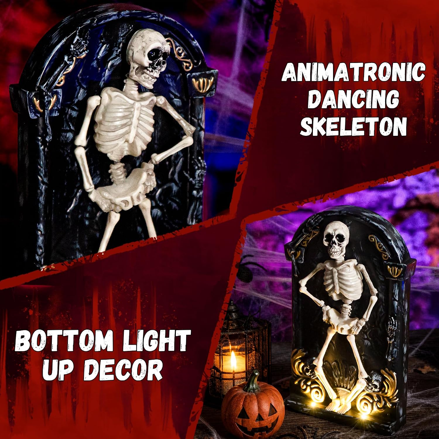 Halloween Decorations Animatronic Dancing Skeleton Built-in Tombstone with Music, Posable Arms & Legs Haunted House