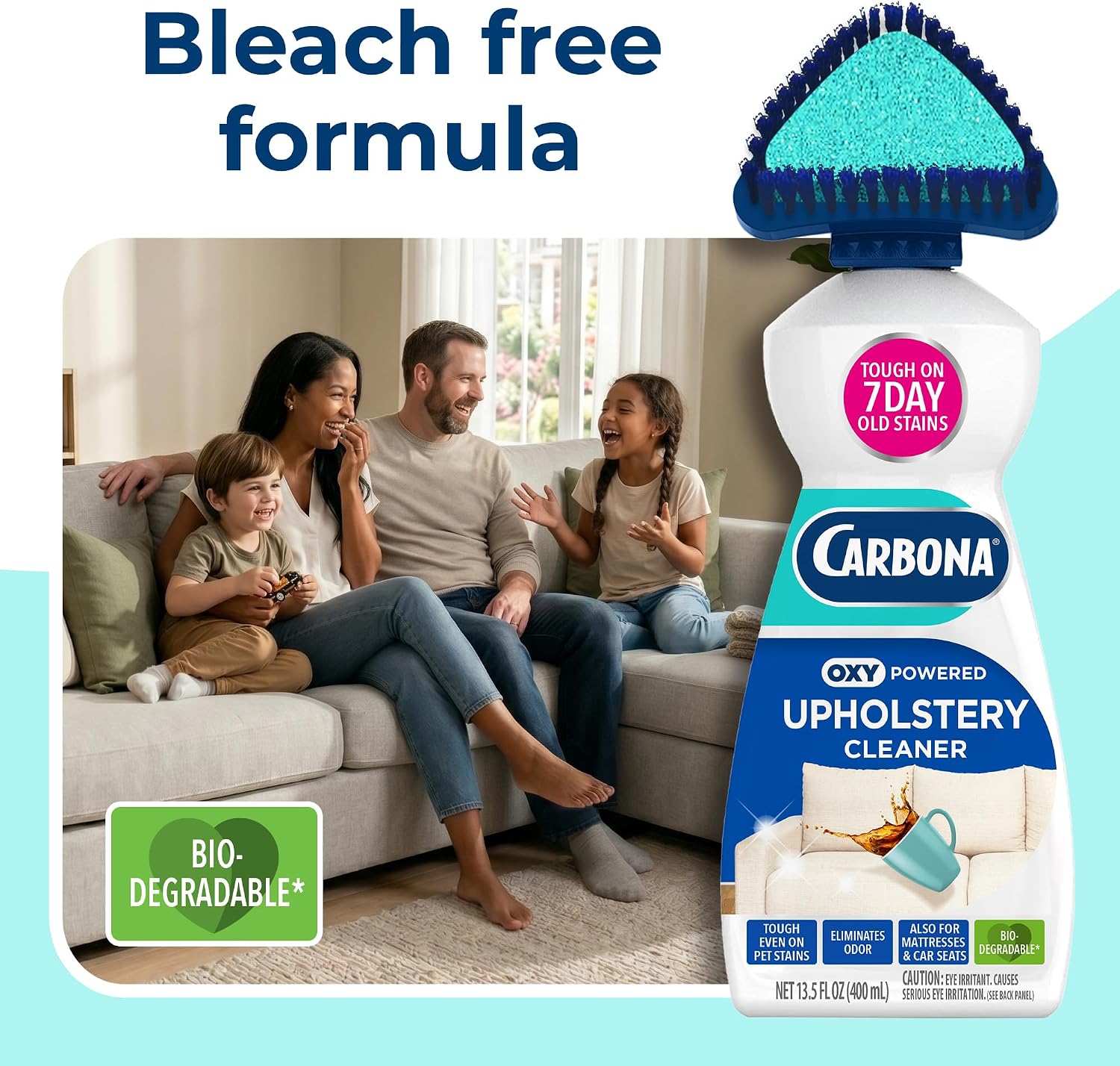 Oxy Powered Upholstery Cleaner with Brush & Sponge (13.5 Fl Oz), Stain Remover for Couches, Car Seats & Mattresses.