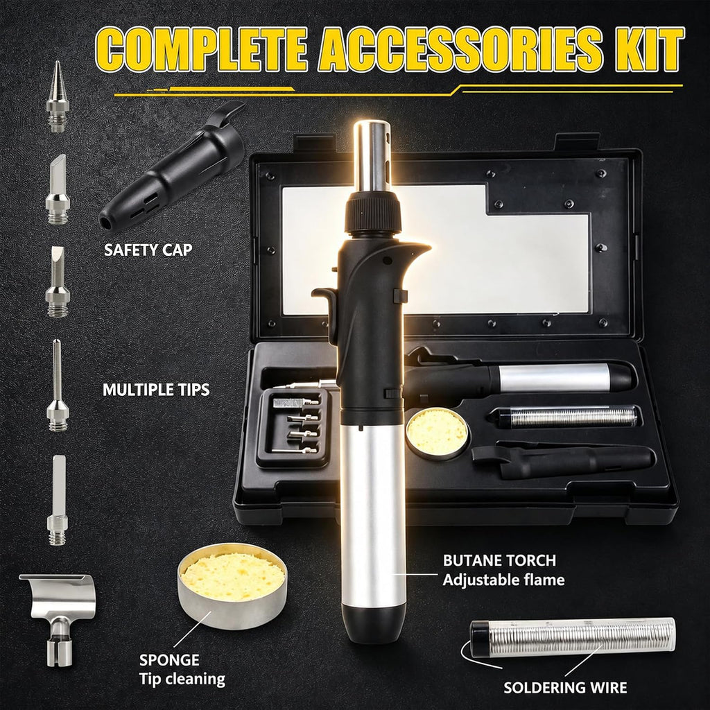 Butane Soldering Iron Kit Self Ignite Gas Torch with 6 Tips | Self-ignite butane soldering torch with adjustable
