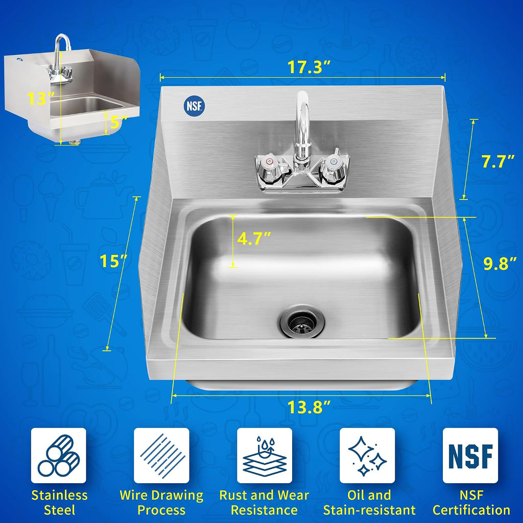 NSF 17" x 15" Hand Sink, Stainless Steel Wall Mount, Side Splashes