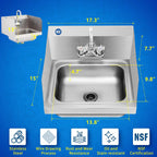 NSF 17" x 15" Hand Sink, Stainless Steel Wall Mount, Side Splashes