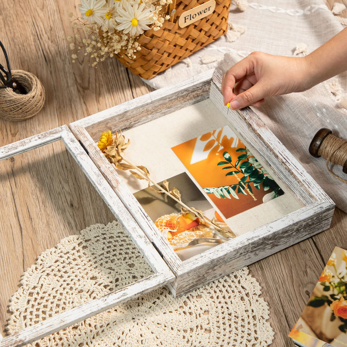 8x10 Shadow Box Frame with Linen Back - Real Glass, Push Pins Included, Sturdy Rustic Memory Display Case, Fits