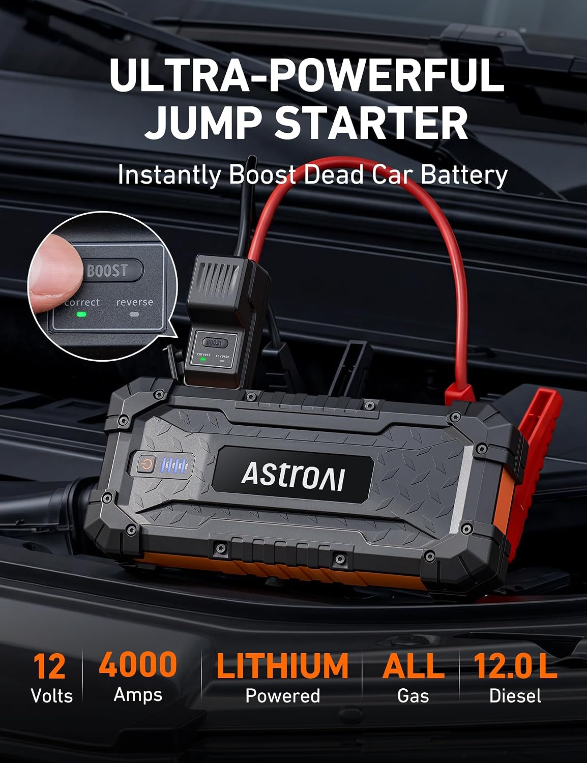S8 Ultra 12V 4000A Lithium Jump Starter Up to All Gas/12L Diesel