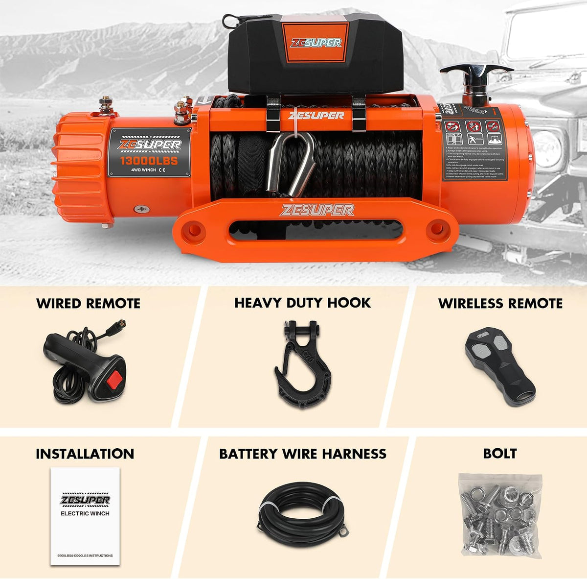 13000 lb Recovery Winch 12V IP68 Waterproof for Jeep Truck Trailer