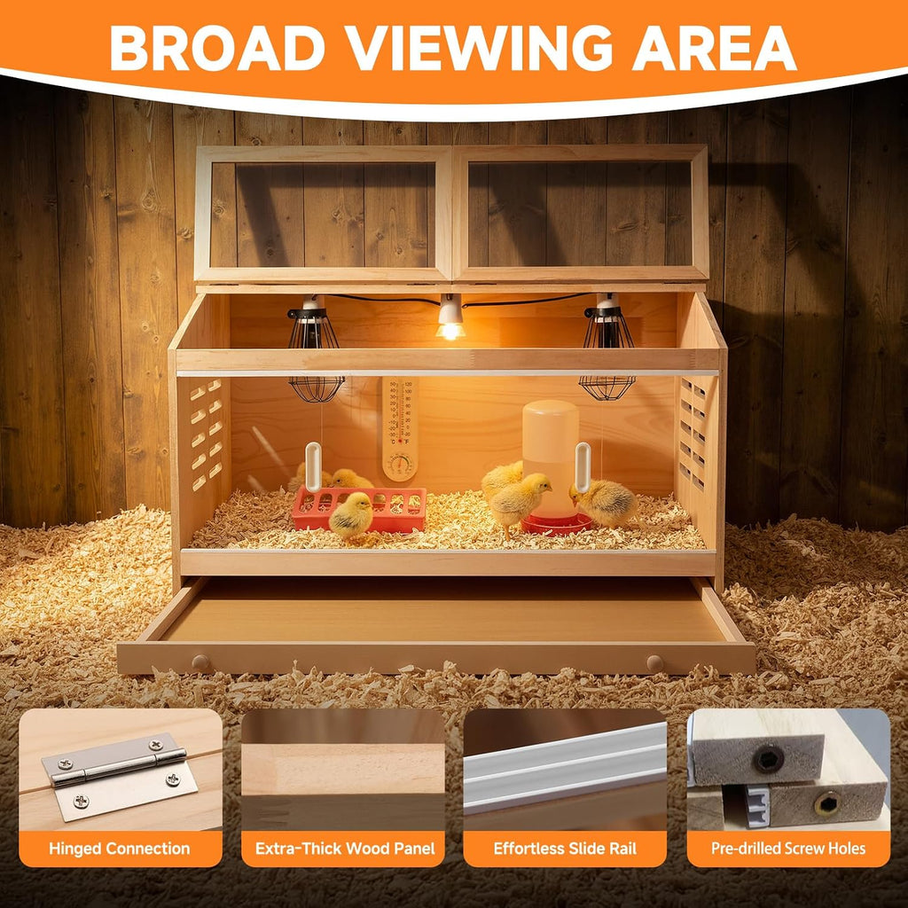 Large Wooden Chick Brooder Box with Drawers, 3 Heat Lamps and Thermostat