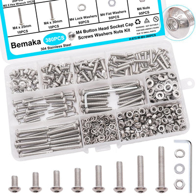 380PCS M4 Screw Kit, M4 x 6/8/12/16/20/25/30mm Button Head Socket Cap Screws Bolts Nuts Washers Assortment Kit, 304