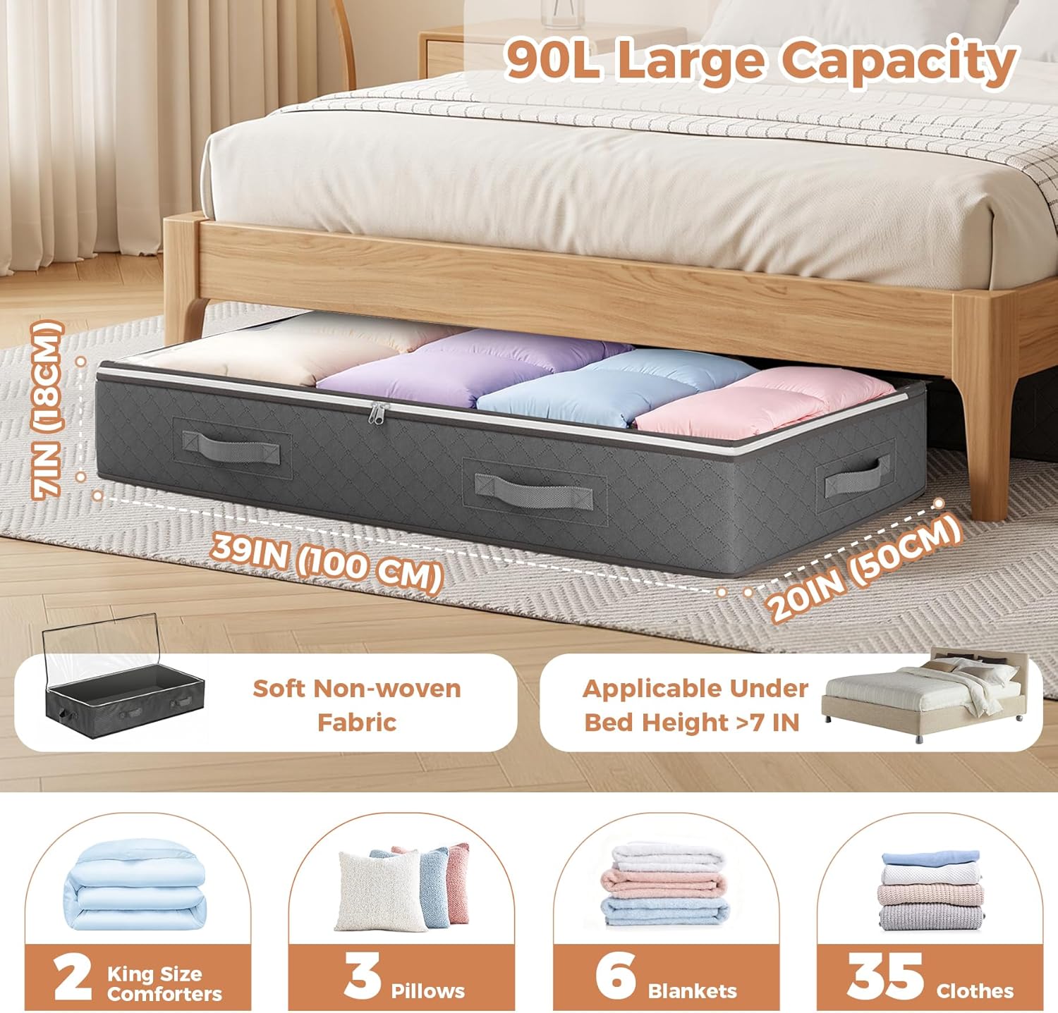 90L Under Bed Storage Containers, Closet Organizers and Storage Bins, Foldable Underbed Storage Bags for Linen