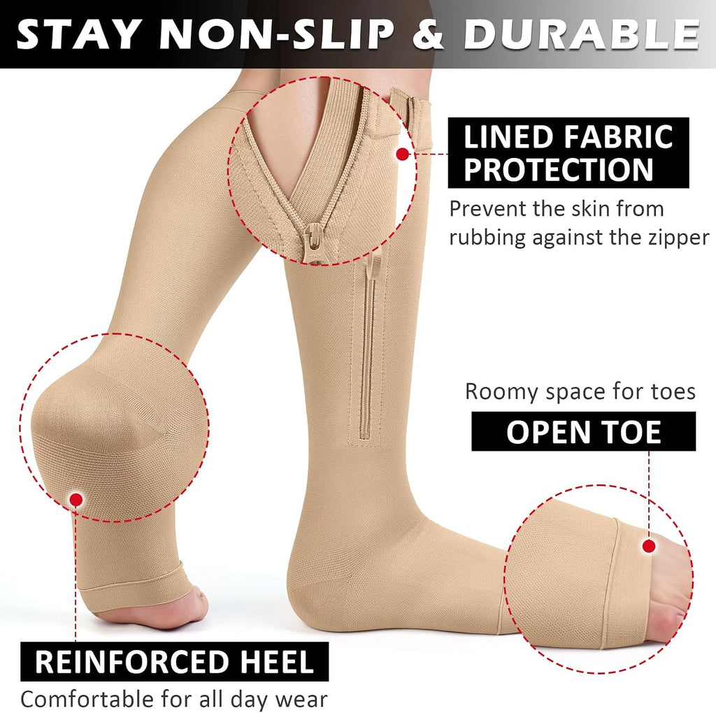 Zipper 20-30 mmHg Compression Socks for Women & Men, Knee High Open Toe