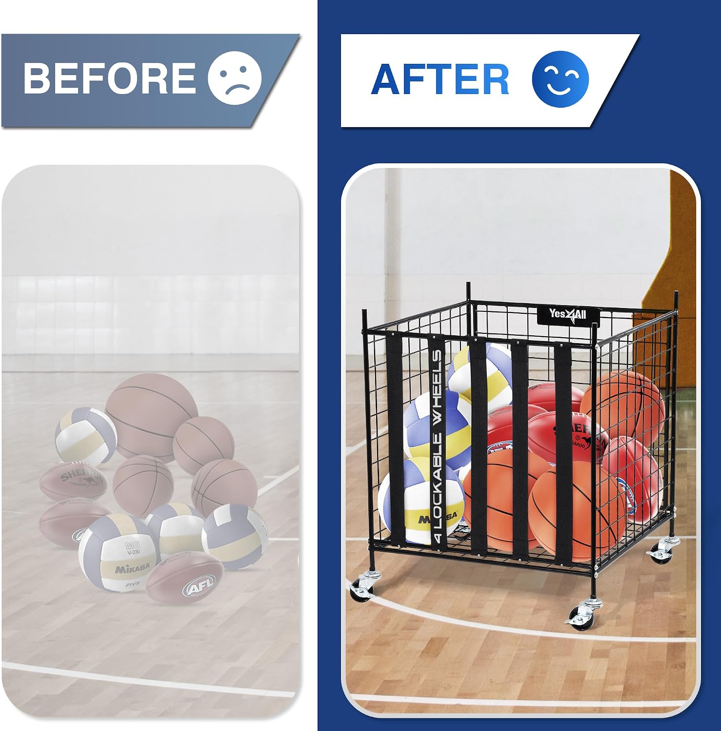 Rolling Ball Cart Storage with Lockable Wheels Volleyball Basketball Holder, Toy Balls Bin, Garage Cage, Storage