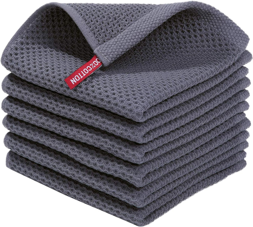 100% Cotton Waffle Weave Kitchen Dish Cloths 6-Pack, Dark Grey | 12 x 12 Inches, Ultra Soft Absorbent Dish Towels