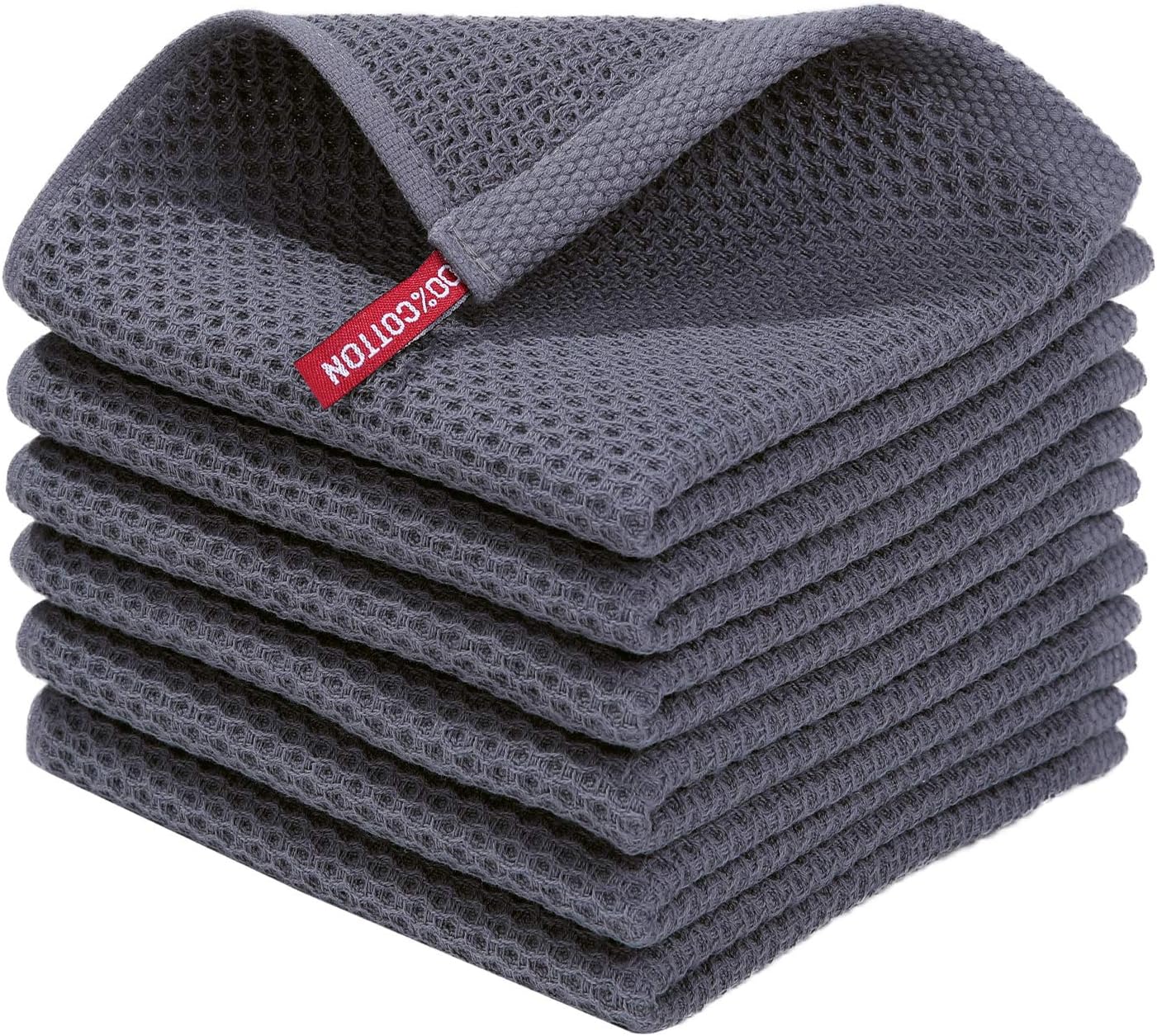 100% Cotton Waffle Weave Kitchen Dish Cloths 6-Pack, Dark Grey | 12 x 12 Inches, Ultra Soft Absorbent Dish Towels